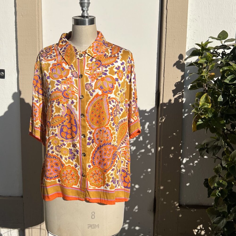 RACHEL ZOE Orange Gold Button-Up Short Sleeve Loose Fitting Blouse - Size Large